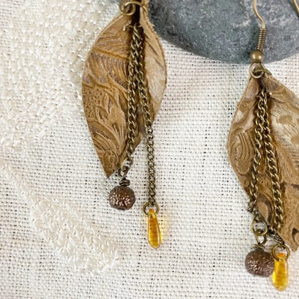 Leather Earrings Orange Glass Bead and‎ chains
